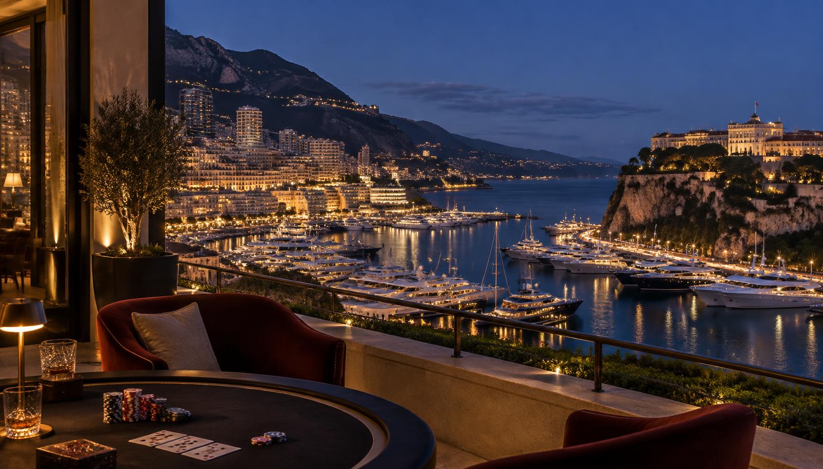Port Hercule harbour at dusk, seen from the club terrace