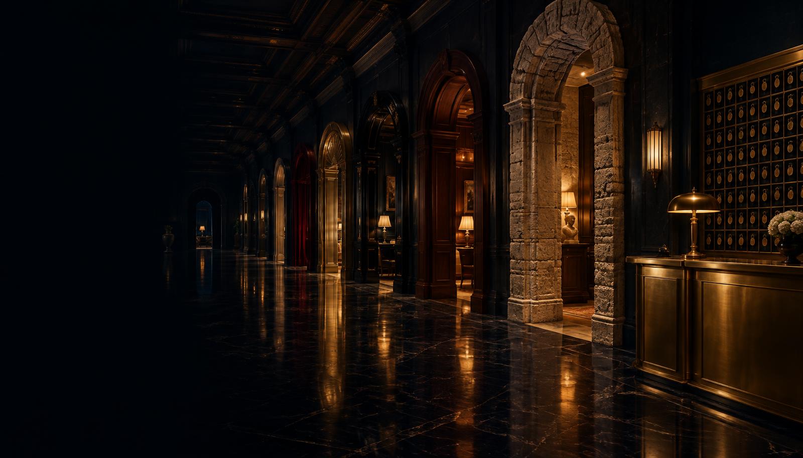 A marble gallery of doorways to the private rooms, seen at night